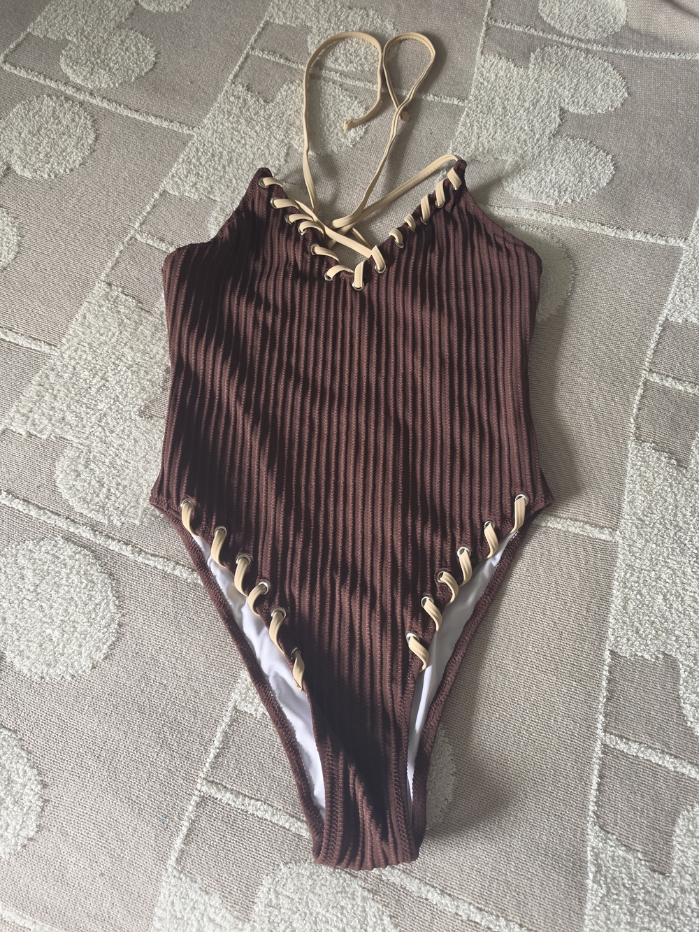 Brown Ribbed One-Piece Swimsuit with Contrast Lacing